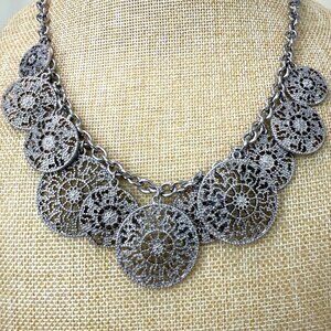 Silver-Tone Statement Necklace With Intricate Filigree Circular Pendants On Adju